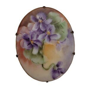 Porcelain Purple Green Enamel Painted Flower Oval Brooch Pin E849
